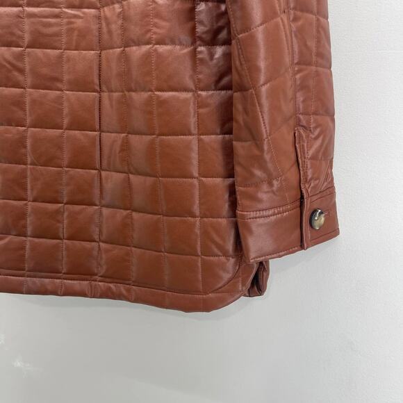 Sam Edelman Cognac Brown Box Quilted Faux Leather Button Up Shacket Jacket - Picture 6 of 10